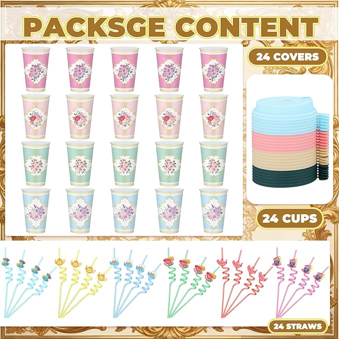 24 Set Flower Cups for Tea Party Tumbler 16 oz Vintage Floral Cup with Straw Lid Tea Party Disposable Plastic Cup Flower Coffee Tumbler Bulk Spring Mug Wedding Mother Hot Cold Drink Birthday Supply