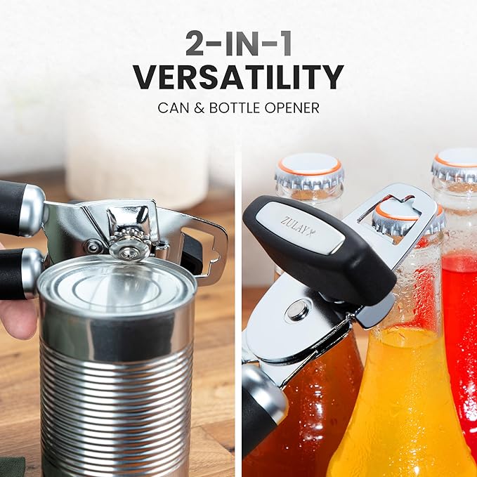 Zulay Kitchen COMFY™ Can Opener Manual with Bottle Opener - Rust Proof Stainless Steel Manual Can Opener With Turn Knob & Comfy Soft Grip Handles - Black