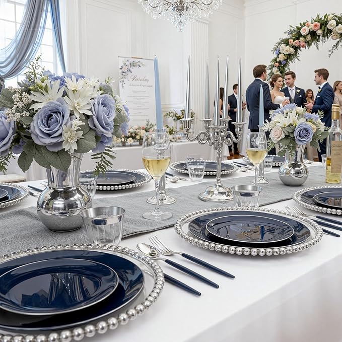KIRE 175Pcs Blue Plastic Plates with Silver Rim & Disposable Silverware with Blue Handle & Silver-rim Cups & Hand Napkin & Plastic Dinnerware for Parties/Wedding/Passover