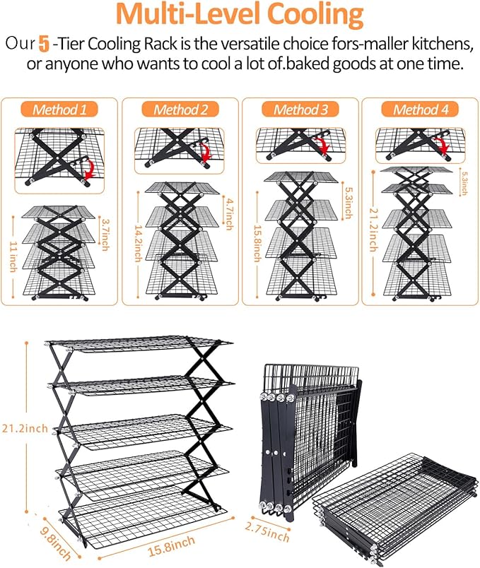 5 Tier Collapsible Cooling Rack, 2/3/4/5-Tier Upgraded,Adjustable ＆ Stackable Baking Rack, 5 Modes Cooling Racks for Cooking and Baking, Roasting ＆ Grilling Gifts for Picnic Party