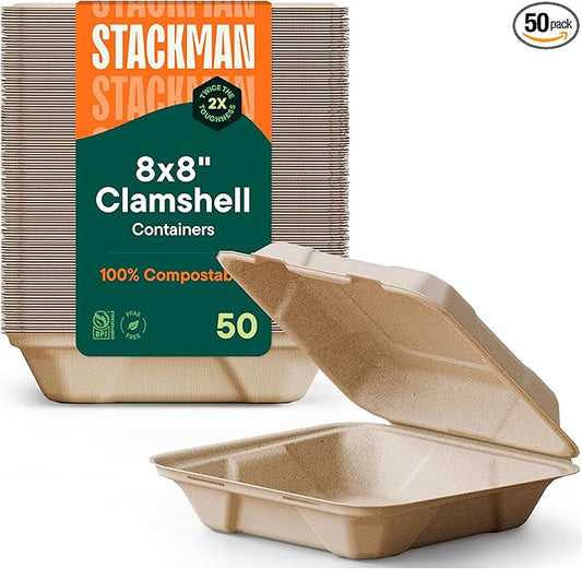 100% Compostable Clamshell Take Out Food Containers [8X8" 50-Pack] Heavy-Duty Quality to go Containers, Natural Disposable Bagasse, Eco-Friendly Biodegradable Made of Sugar Cane Fibers