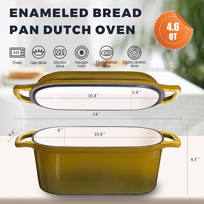4.6 Quart Dutch Oven for Bread Baking, Combo Oval Enameled Cast Iron Bread Pan with Lid, Sourdough Bread Dutch Oven for a Crispy Crust, Olive