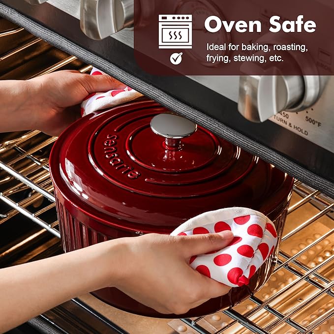 SENSARTE Enameled Cast Iron Dutch Oven Pot with Lid 5.5 Quart Heavy-Duty Round Dual Handles Kitchen Pot with Cotton Potholders & Silicone Trivet, Pot for Bread Baking, Stews, Braising, Roasting, Oven Safe up to 500°F, Red
