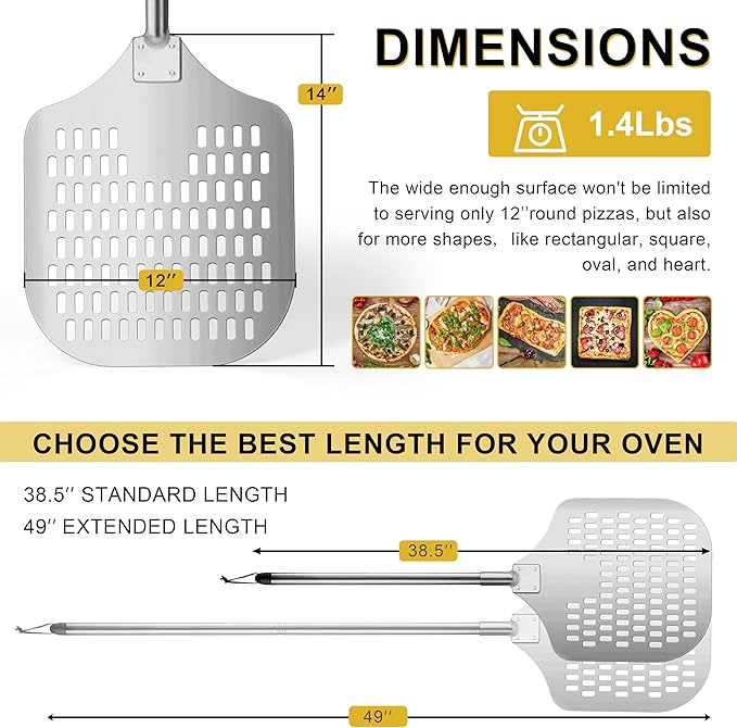 Joyfair 12 Inch Perforated Pizza Peel Aluminum Pizzas Spatula, Metal Pizza Paddle with Rocker Cutter Pizza Oven Accessories Turning Tool Set, 38.5”- 49” Long Detachable Handles (SS Handle)