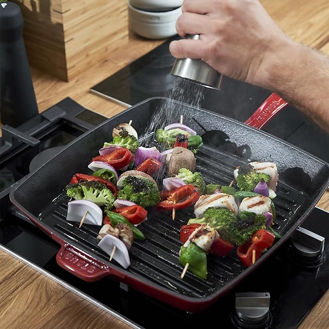 Staub Cast Iron 12-inch Square Grill Pan - Cherry, Made in France