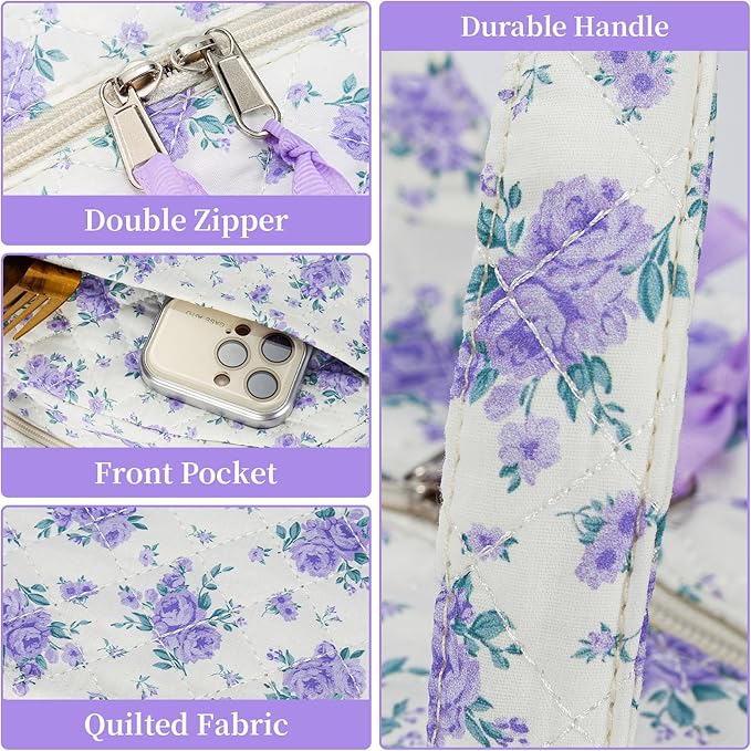 Quilted Lunch Box for Women,Coquette Aesthetic Lunch Box for Teen Girls,Cute Floral Lunch Bags for Work, School,Office,Picnic,Travel (Big Purplre Floral)