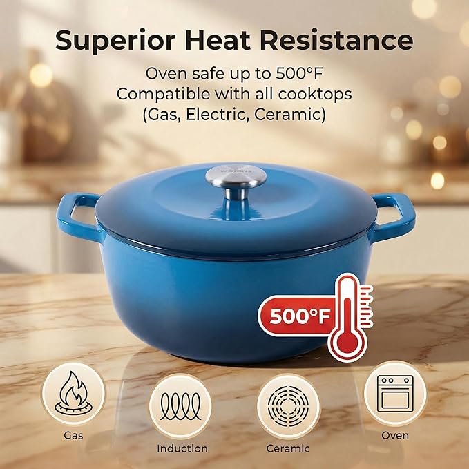 5.5QT Enamel Cast Iron Dutch Oven with Lid,Dual Handles,Versatile Heavy-Duty Non-toxic Cookware for Sourdough Bread Baking,Braising,Stews,Roasting,Oven Safe up to 500°F blue