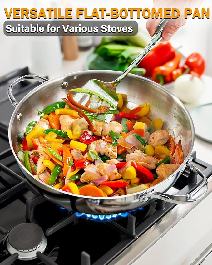 Cooks Standard Multi-Ply Clad Stainless Steel Wok Stir Fry Pan with Glass Lid, 12-inch large Stainless Steel Deep Frying Pan, Everyday Chef's Pan Flat Bottom Wok Induction Cookware