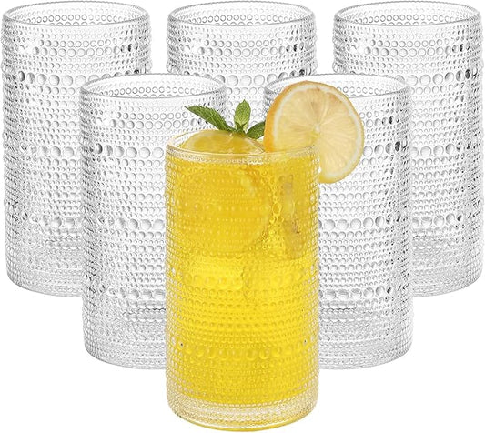 Vintage Hobnail Drinking Glasses Set of 6, 16 oz Large Capacity Embossed Clear Tumblers, Highball Glasses for Water, Cocktail, Beer, Whiskey, Kitchen & Bar Use