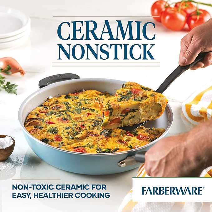 Farberware EcoAdvantage Ceramic Nonstick Deep Frying Pan/Skillet with Helper Handle, 12.5 Inch, Aqua