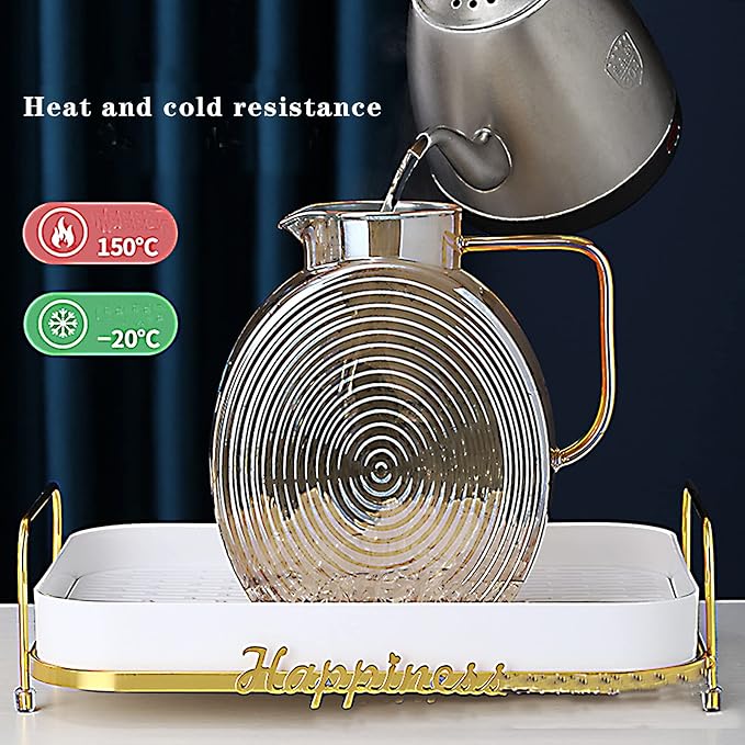 77oz Glass Water Pitcher with Gold Lid - 2.2L Large Capacity Jug with Wide Handle for Fridge, Iced Tea, Lemonade, Juice & Coffee