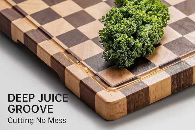 End Grain Cutting Boards for Kitchen, Wooden Cutting board, Acacia Wood Chopping Board with Juice Groove & Handle, Butcher Block for Meat, Bread & Fruit, 14"L x 11"W x 0.8"Th