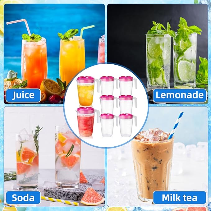 LemonRoad 6 Pcs 2 L Plastic Pitcher with Lid Water Iced Tea Pitchers Drink Container with Twist Cover Tea Jug for Fridge for Water Juice and Fridge Storage, Dishwasher and Freezer Safe(Clear)