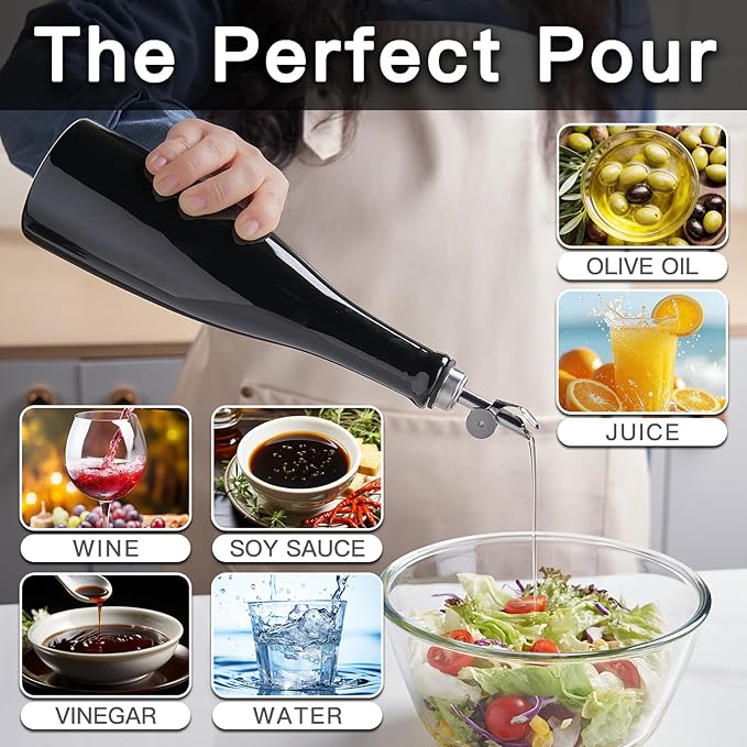 YOLIFE Olive Oil Dispenser Bottle, 20oz Ceramic Oil Dispenser for Kitchen, Oil Bottle with Gravity Spout, Leak Proof EVOO Dispensing Bottle with 2 Spouts and 1 Funnel for Vinegar, Juice(Black)