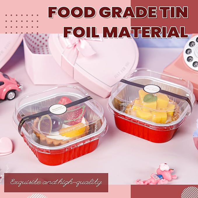 60 pack Mini Cake Pans with Lids Foil Pans Square Aluminum Pans with Lids Cupcake Liners for Birthday Wedding Party Gift (Red, 10 oz)