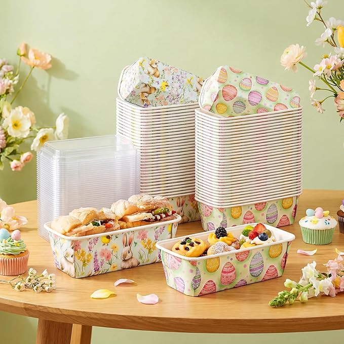 LemonRoad 100 Pcs Easter Mini Loaf Pans with Lids 6.3 x 2.2 x 2.2 Inch Disposable Paper Baking Pans Bulk, Easter Baby Shower Baking Party Supplies for Cake Bread Oven Bakery