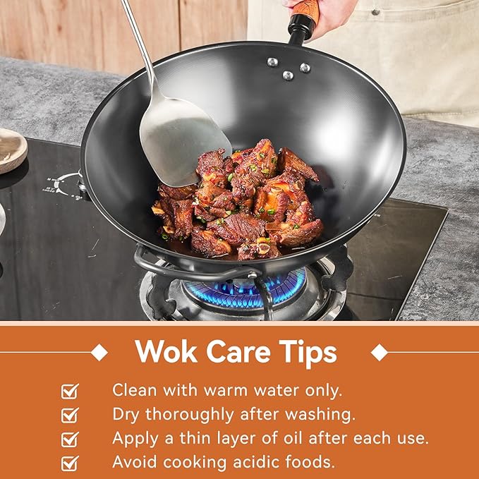 12.6 Inch Carbon Steel Wok with Lid, Flat Bottom Induction Wok Pan, Non-Coated Stir Fry Wok Skillet with Helper Handle, Gas Electric Ceramic Halogen Compatible, Includes Iron Wok Spatula