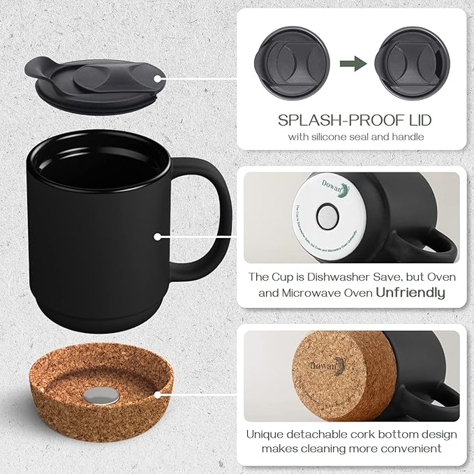 DOWAN Coffee Mugs Set of 2, 15 OZ Coffee Cup with Cork Bottom and Splash Proof Lid, Ceramic Mug Set with Large Handle for Men, Women, for Coffee Tea Latte, Matte Black