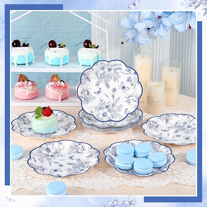 30 Pcs Blue Floral Paper Plates, 7 Inch Tea Party Plates Vintage Chinoiserie Flower Plate Disposable Blue and White Dessert Plate for Spring Garden Party Baby & Bridal Shower Birthday Wedding