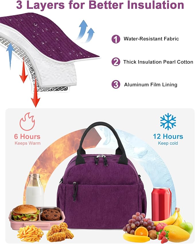 Bluboon Lunch Bag for Women Cute Corduroy Lunch Tote Bags with Shoulder Strap Reusable Insulated Lunch Box Large Capacity Reusable Insulated Cooler for Work Picnic or Travel (13L)