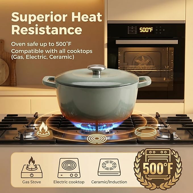 5QT Enamel Cast Iron Dutch Oven with Lid,Dual Handles,Versatile Heavy-Duty Non-toxic Cookware for Sourdough Bread Baking,Braising,Stews,Roasting,Oven Safe up to 500°F green
