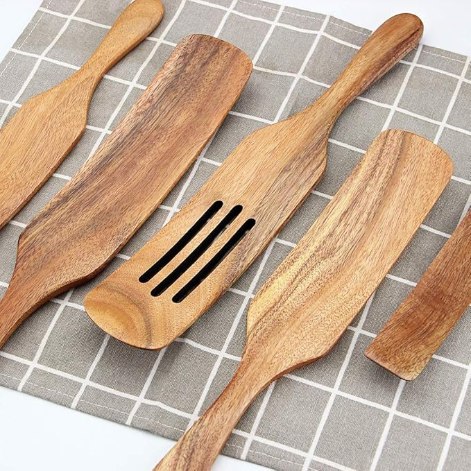 Wooden Spurtle Set As Seen On TV, AOOSY 5 Pcs Natural Acacia Wood Spatula Kitchen Tools Utensil Set Heat Resistant Non Stick Wood Cookware, Slotted Spatula for Stirring