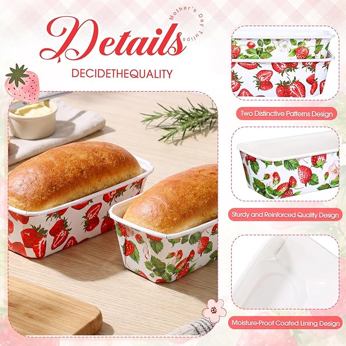 LemonRoad 100 Pcs Strawberry Mini Loaf Pans with Lids 6.3 x 2.2 x 2.2 in Disposable Paper Baking Pans Bulk, Strawberry Baby Shower Baking Party Supplies for Cake Bread Oven Bakery
