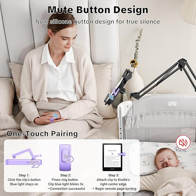 Remote Page Turner Ring for Kindle Paperwhite Oasis Scribe Kobo,Designed for Thick Cases Clicker Page Turner Camera Remote for iPhone iPad Android Tablets Reading Novels Comics with Storage Bag-Purple