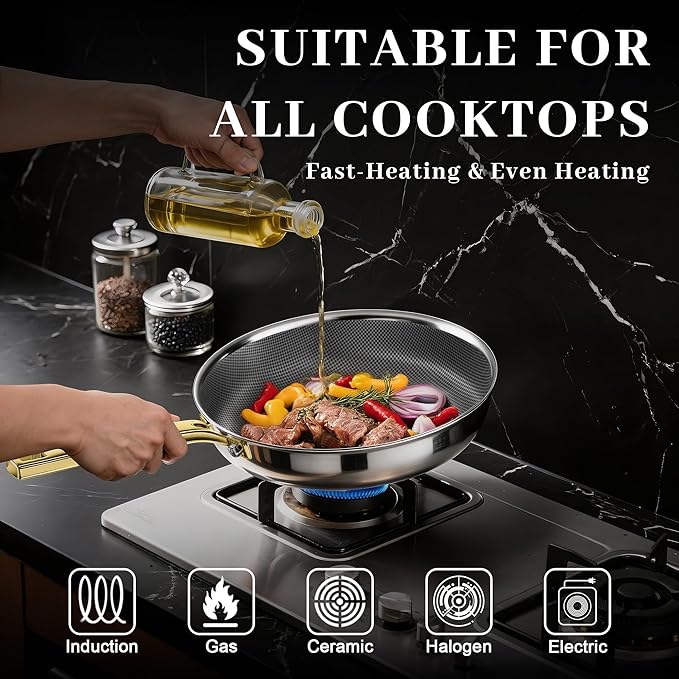 FogDream Titanium Non Stick Frying Pan, 10in Tri-Ply Hybrid Stainless Steel Skillet with Spatulas, All-in-One Cookware, Stay Cool Handle, Dishwasher & Oven-Safe,Induction Compatible,Gold
