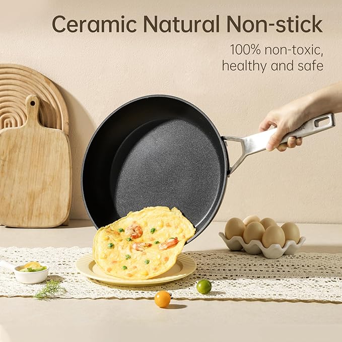 MsMk 11 Inch Nonstick Frying Pan with Lid，Titanium and Ceramic Nonstick skillet, PFOA Free Non-Toxic, Stay-Cool Handle, Scratch-resistant, Induction Skillet With Lid for Induction, Ceramic
