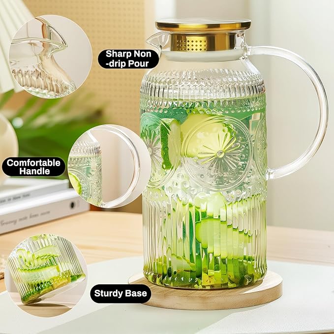Glass Pitcher with Lid and Handle, 2 PACK 68 oz/2 Liter Vintage Embossed Sun Flower Water Pitcher, Clear Borosilicate Glass Water Carafe for Cold Brew, Iced Sun Tea,Beverage, Heat Resistant