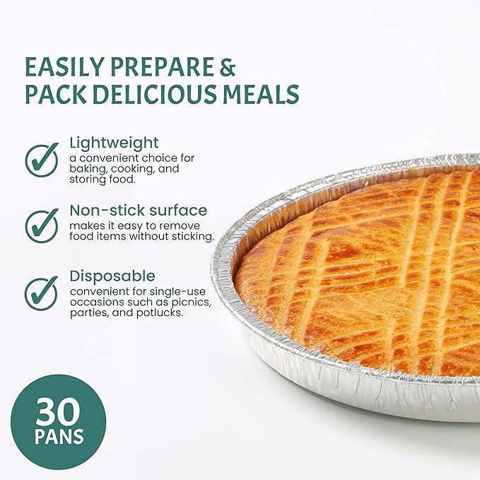 FUNSTITUTION Round Disposable Aluminum Pie Pans (30 Pack) - 9 Inch Disposable Pie Pans - Round Aluminum Foil Pans For Baking, Grilling, Cooking, Storing, Prepping