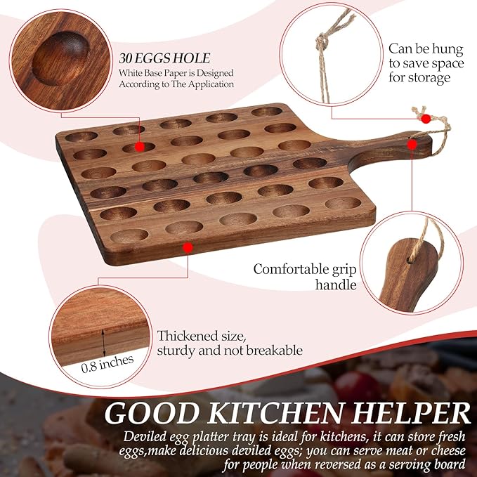 Gerrii Reversible Wooden Deviled Egg Platter Deviled Egg Tray Charcuterie Board Cutting Board Cheese Serving Tray for Home Kitchen(13 x 17 Inch, 30 Holes)