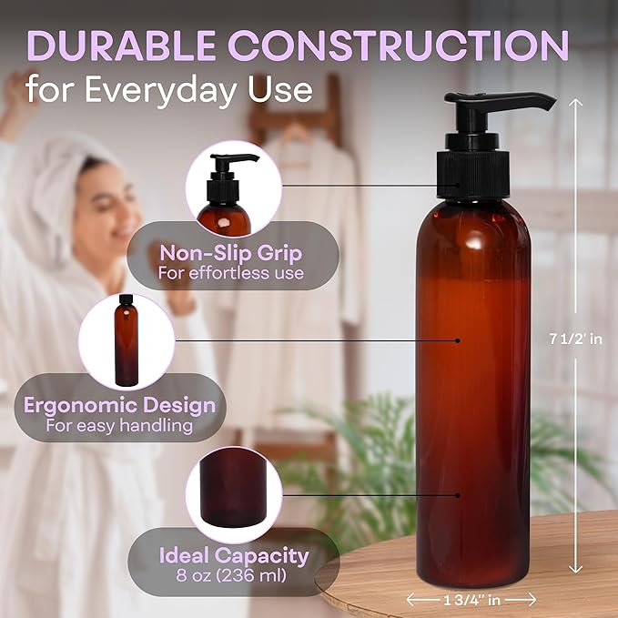 BRIGHTFROM Lotion Pump Bottles, Empty 8 OZ, BPA-Free Refillable Plastic Containers, Amber with Black Dispenser for - Soap, Shampoo, Lotions, Liquid Body Soap, Creams and Massage Oil (2 Pack)