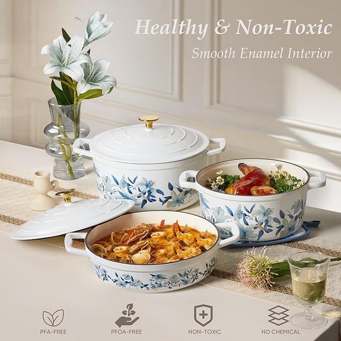 CAROTE 3.5QT Shallow Dutch Oven, Enameled Flora Cast Iron Braiser Pan Casserole Skillets with Lid, Versatile Heavy-Duty Cookware for Sourdough Bread Baking, Braising, Stews, Roasting, All Stovetop Compatible, Oven Safe up to 500° F, White & Blue