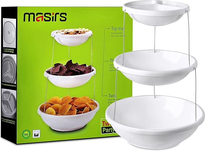Masirs 3-Tier Collapsible Bowl: Decorative Design Folds for Minimal Storage. Ideal for Serving Snacks, Salad, and Fruit. Top Bowl Divided into Three Sections. (Pack of 2)