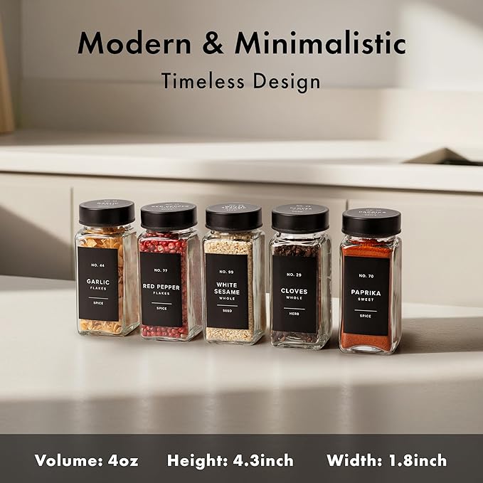 Glass Spice Jars with Label and Black Lids (36 x 4oz) Spice Containers with 240 Labels, Shaker Inserts, Steel Funnel, Empty Square Empty Square Seasoning Organizer