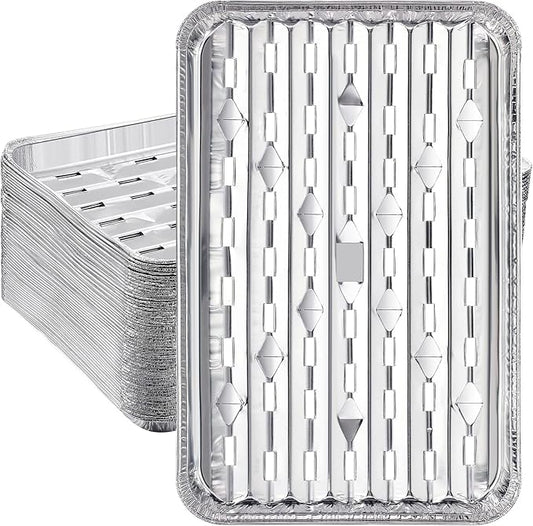 50 Pack Aluminum Grill Pans 9x13 Inch, Broiler Pans for Oven, Disposable Aluminum Grill Liners with Holes with Ribbed Bottom Surface for BBQ Foil Drip Roast Trays