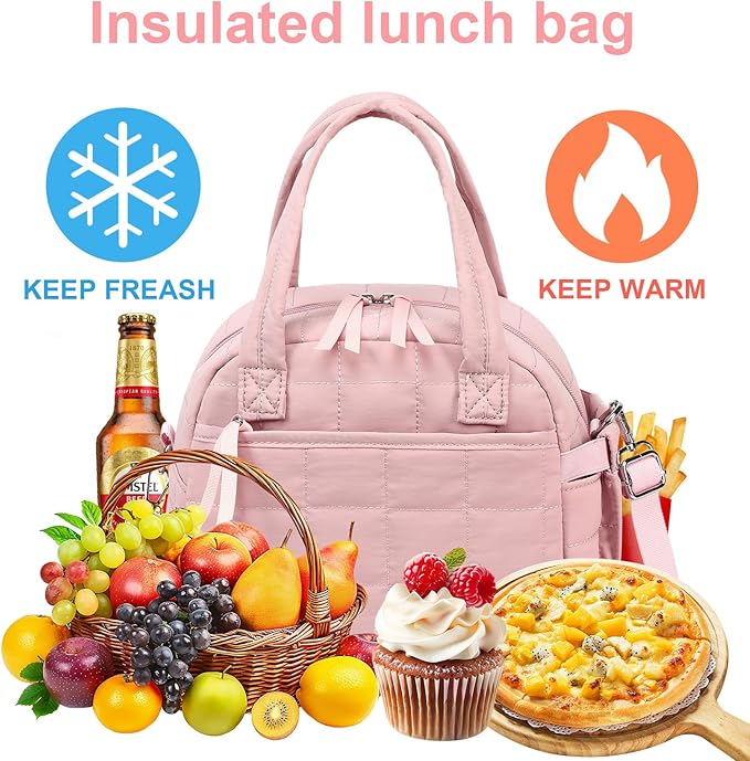 LEDAOU Lunch Box for Women Lunch bag Quilted Puffer Lunch Box with Adjustable Strap Insulated Reusable LunchBox for Work School Picnic Travel (Pink)