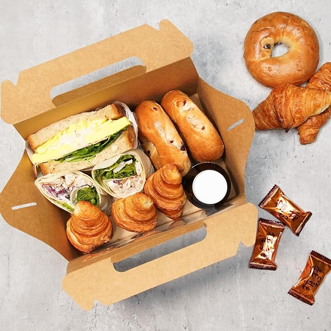 UnicoPak 30 Pack 9x6x6 Kraft Gable Boxes, Food-grade Cardboard Paper Lunch Boxes, Recyclable Gift Boxes with Handles for Treats, Picnic, Takeout Food, Goodie Bags, Sturdy Barn Boxes