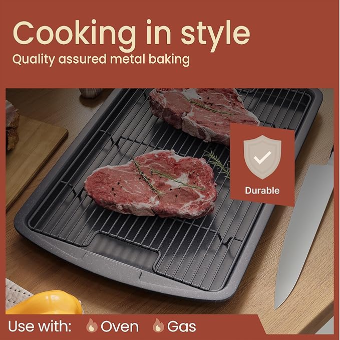 Cookie Sheet with Wire Rack Set, 2-Piece Nonstick Gray Marble Carbon Steel Pan & Cooling Rack, Space-Saving Stackable Set, PFOA, PFOS, PTFE Free, Oven Safe Up to 450°F, 17.4" Pan & 14.7" Rack