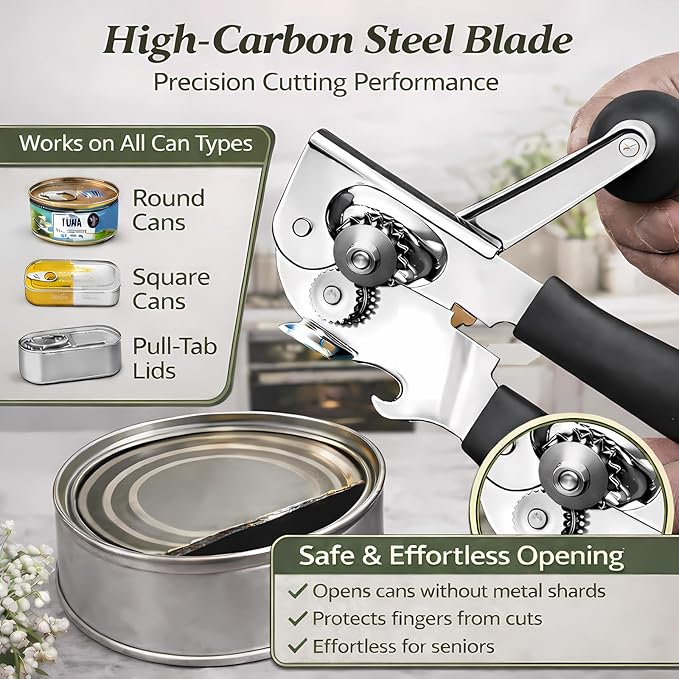 Heavy Duty Manual Can Opener for Seniors & Adults with Magnetic Lid Lifter - Easy Open Smooth Edge Safe Cut, Stainless Steel for Large Cans, Kitchen & Camping & Commercial with Bottle Opener
