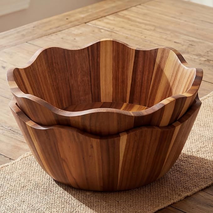 2 Pcs Scalloped Decorative Wooden Bowl 12 Inch Acacia Wood Fruit & Serving Bowl Handcrafted Rustic Decorative Bowls for Fruit, Salad, Snacks and Home Kitchen Counter Decor Wedding Decor