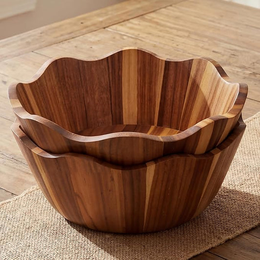 2 Pcs Scalloped Decorative Wooden Bowl 12 Inch Acacia Wood Fruit & Serving Bowl Handcrafted Rustic Decorative Bowls for Fruit, Salad, Snacks and Home Kitchen Counter Decor Wedding Decor