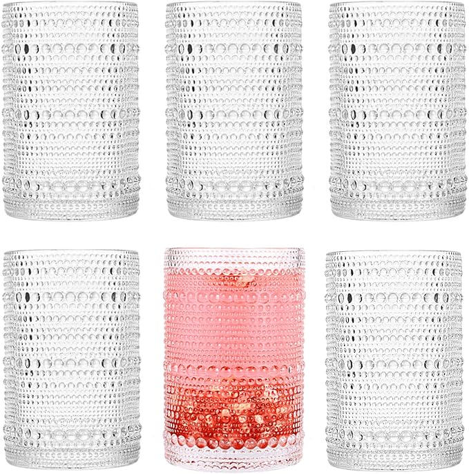 Hobnail Drinking Glasses set of 6（13 oz） Hobnail Water KItchen Glassware, Embossed Vintage Juice Glasses Tall Bar Drinkware