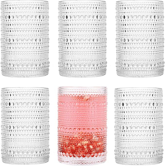 Hobnail Drinking Glasses set of 6（13 oz） Hobnail Water KItchen Glassware, Embossed Vintage Juice Glasses Tall Bar Drinkware