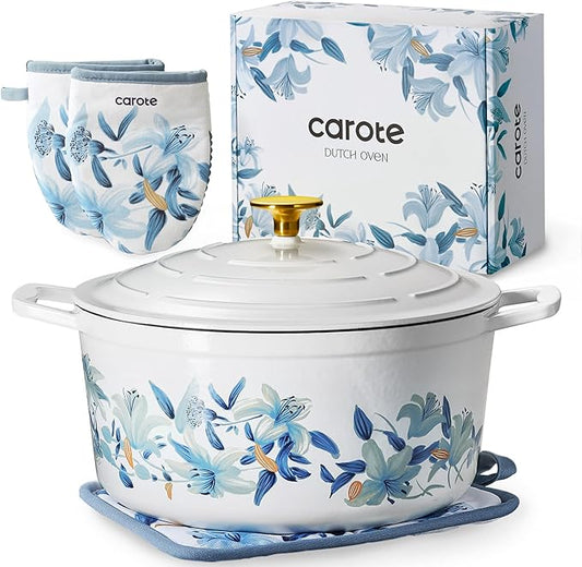 CAROTE 7QT Cast Iron Dutch Oven Pot with Lid, Enameled Floral Dutch Ovens with Cotton Potholders & Oven Gloves, Versatile Heavy-Duty Cookware for Sourdough Bread Baking, Braising, Stews, All Stovetop Compatible, Oven Safe up to 500° F, White & Blue