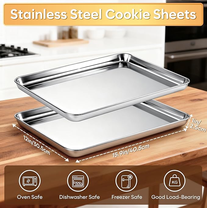 2 Pack Jelly Roll Pan 15.9” x 12” Stainless Steel Cookie Sheets for Baking, Non Stick Baking Sheets for Oven Heavy Duty Baking Trays