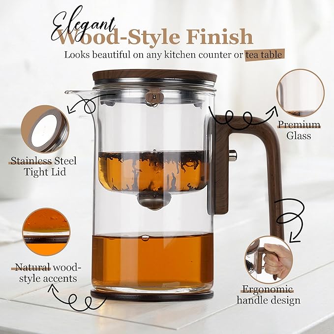 MIIKA Magic Glass Tea Pot with Infuser for Loose Tea – Bottom Dispense Stainless Steel Strainer, Borosilicate Glass, Elegant Tea Scoop, Protective Base and Drip-Free, Easy-to-Clean Design