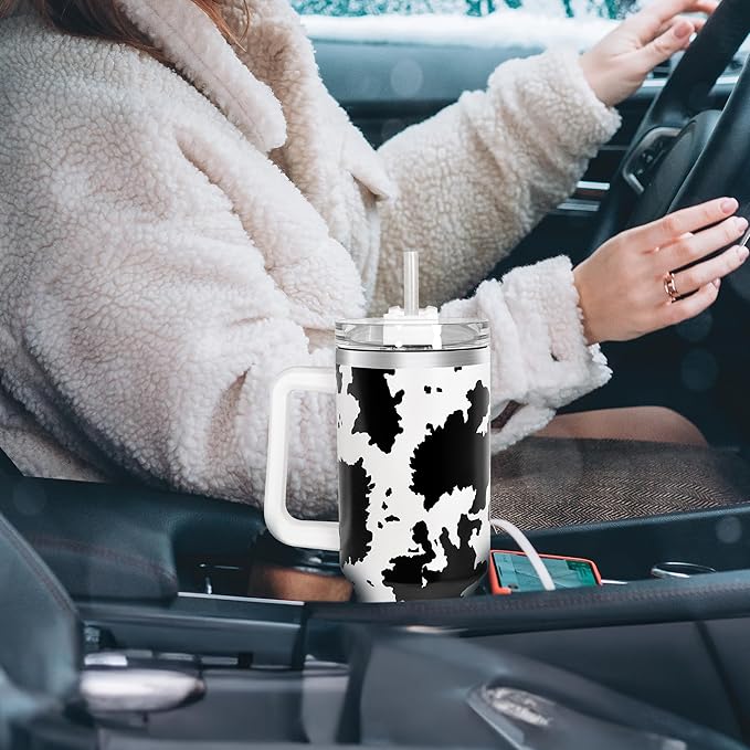 40 oz Cow Tumbler with Handle and Straw, 100% Leak-Proof Travel Mug, Stainless Steel Double Wall Vacuum Insulated Coffee Cup Keeps Cold For 34 Hours, White Cow